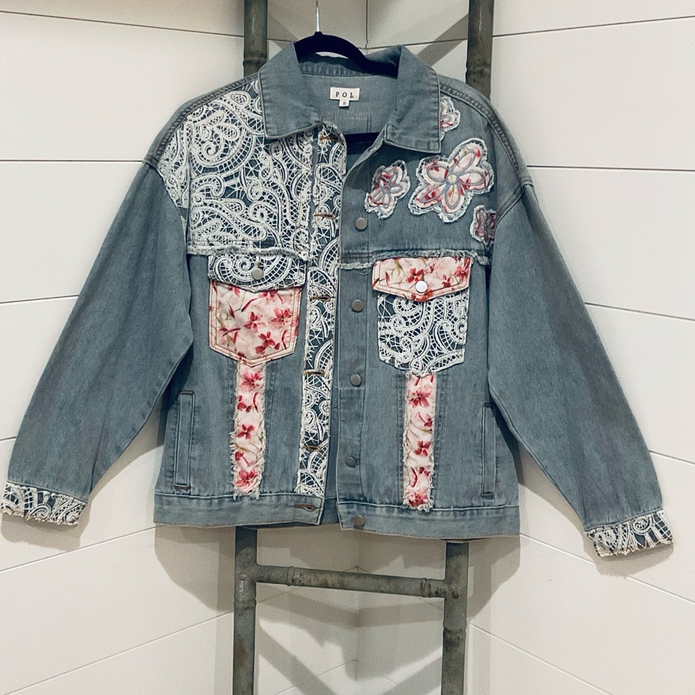 New POL 48 hr sale:Embroidered Denim Jacket with Lace and Floral Accents